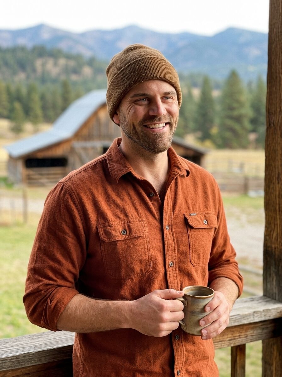 Daniel Bear, founder of LandQuest Pro, smiling on a ranch porch with a coffee mug, barn and Montana mountains behind him