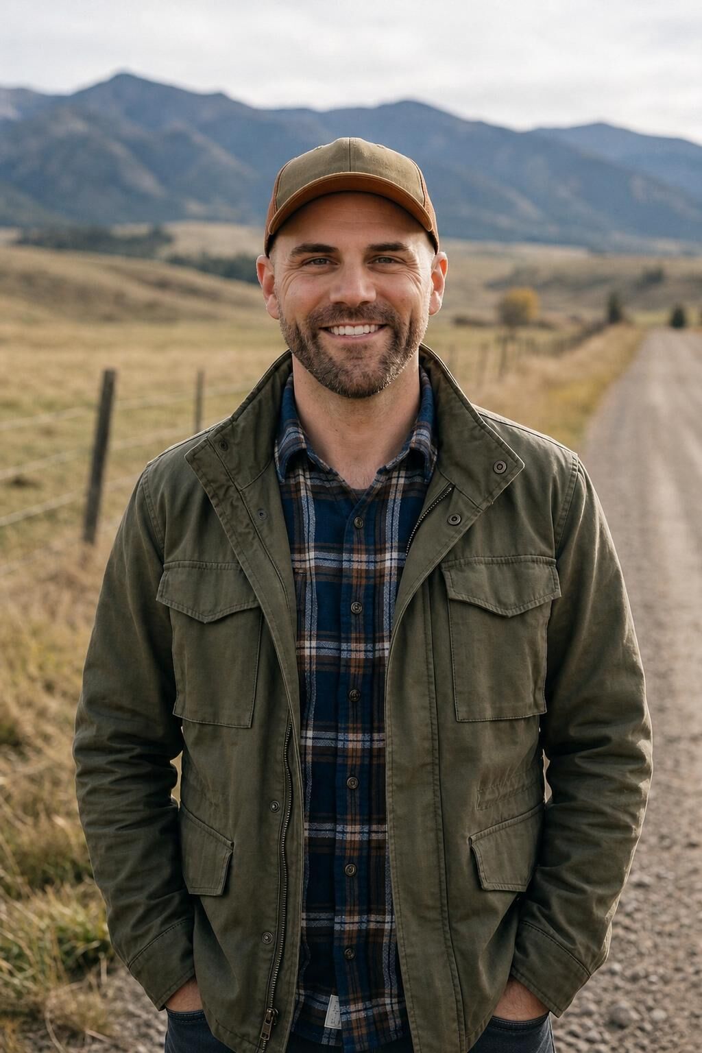Daniel Bear in a cap and field jacket standing on a gravel ranch road beside a fence line in Montana