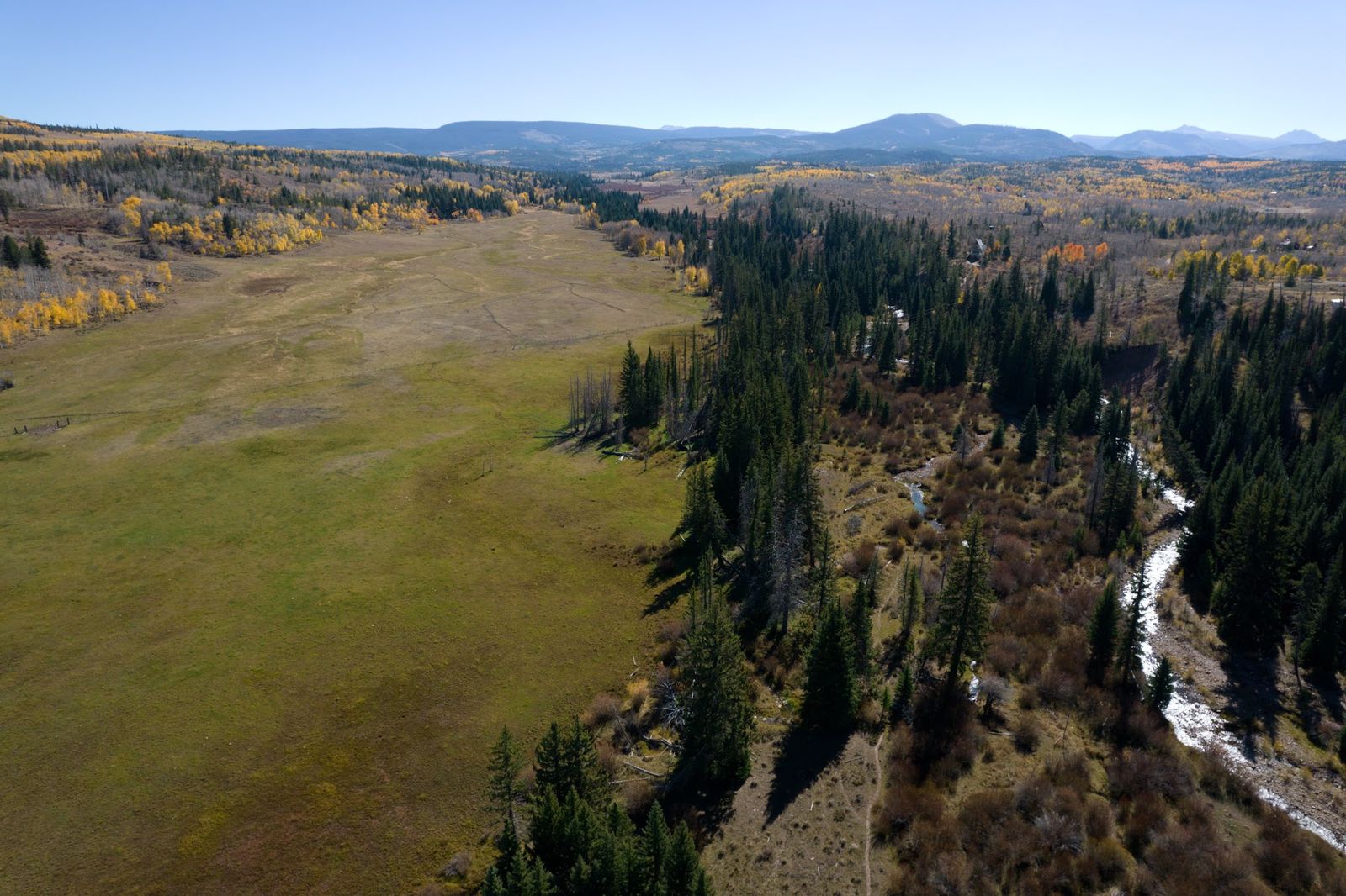 Aerial view of a green meadow and river bend in a Montana valley